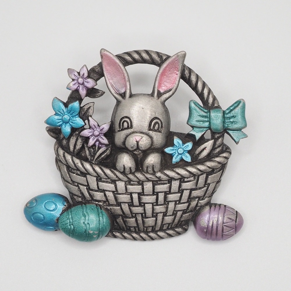 Vintage JJ Jonette Brooch Easter Bunny Rabbit Basket Pin Pewter Pastel Floral